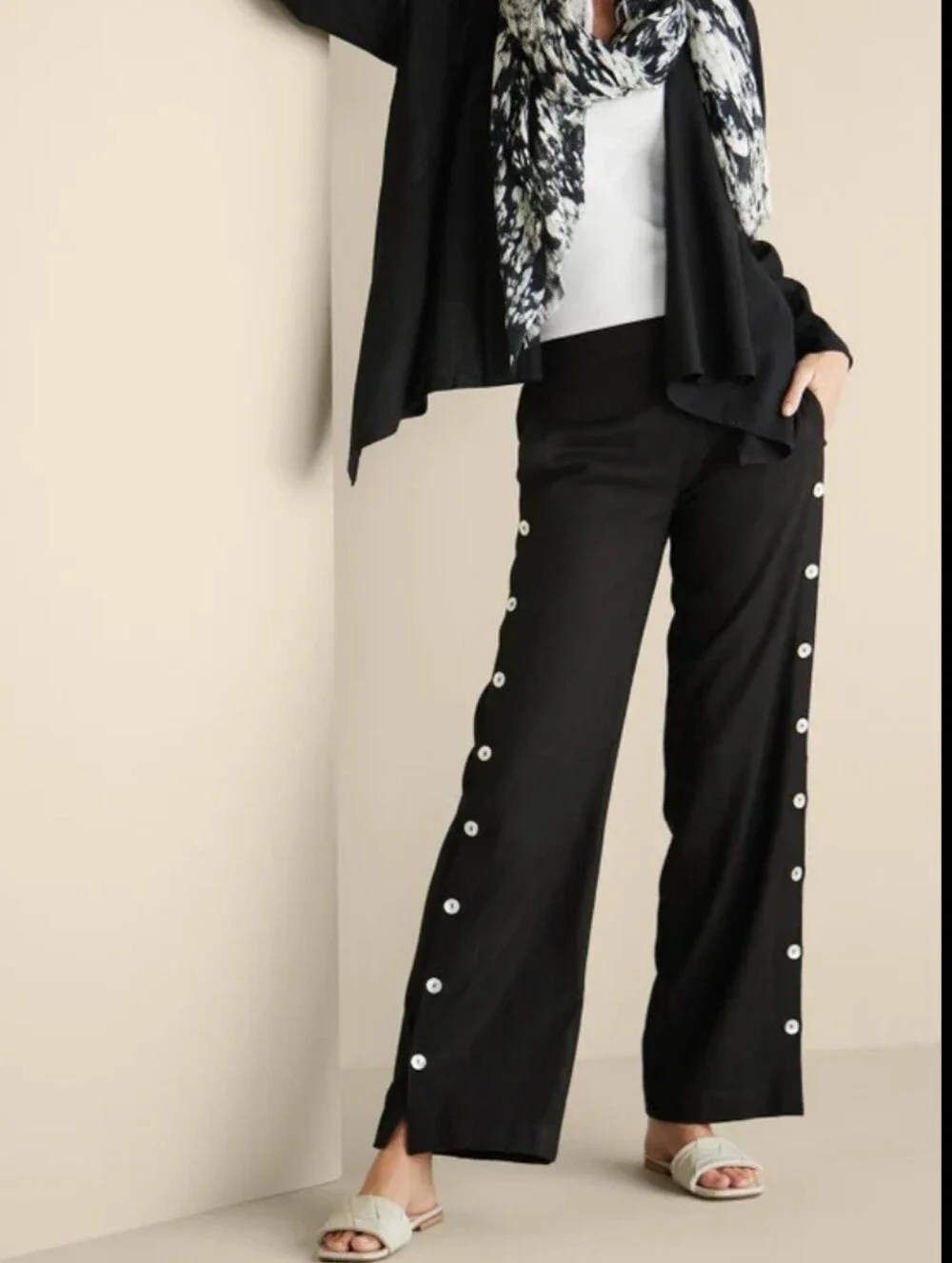 Soft Surroundings Sonoma Black Linen Blend Side Button Wide Leg Pull-On Pants L